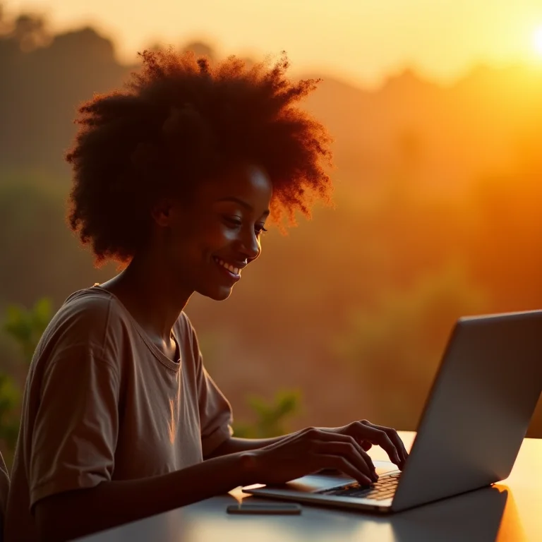 Mulher negra trabalhando no computador durante seu horário de pico