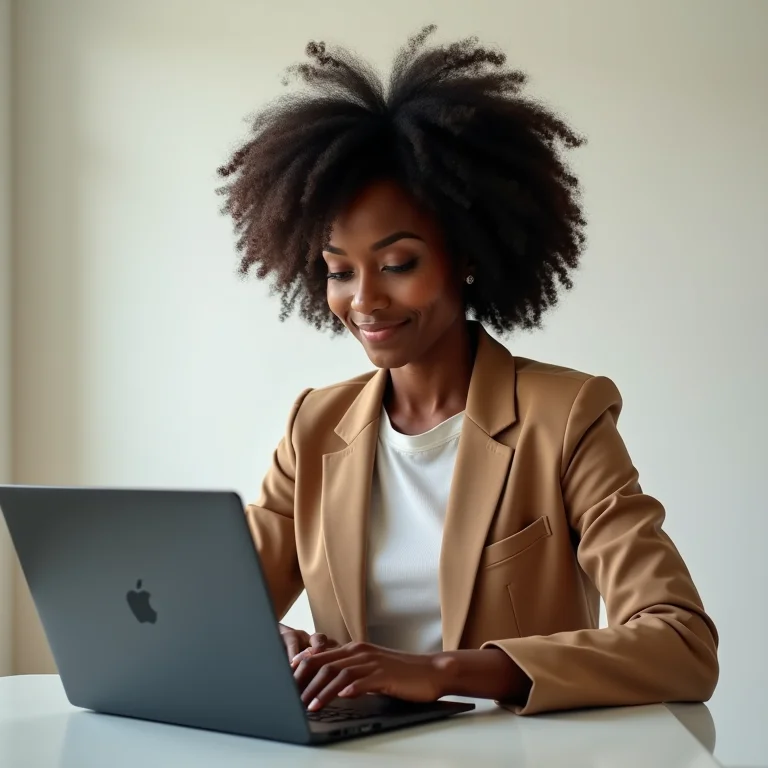 Mulher negra usando Adobe Portfolio