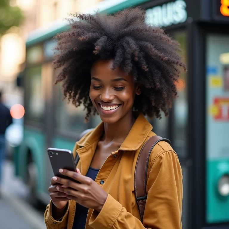 Mulher negra usando aplicativo de transporte público em Gramado ou Canela