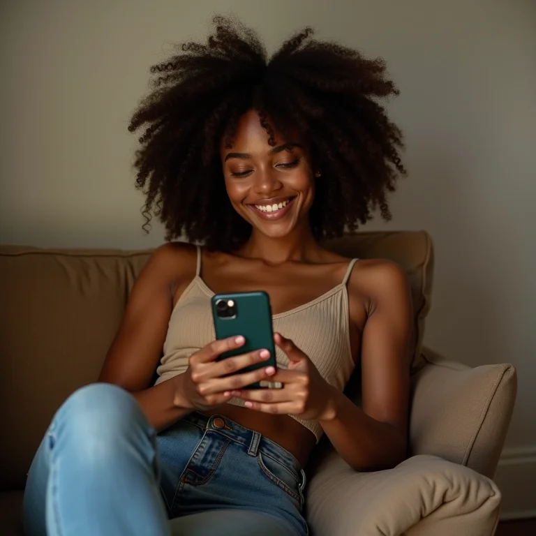 Mulher negra usando app Headspace no celular