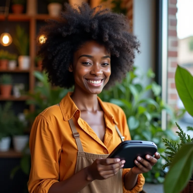 Mulher negra usando maquininha SumUp Top em seu negócio.