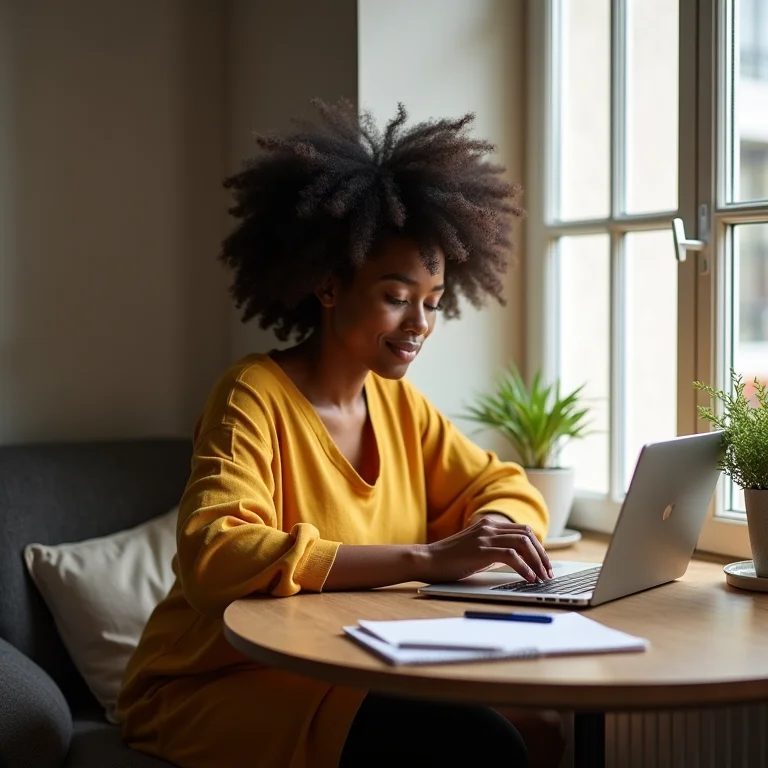 Mulher negra usando mesa lateral multifuncional como workspace