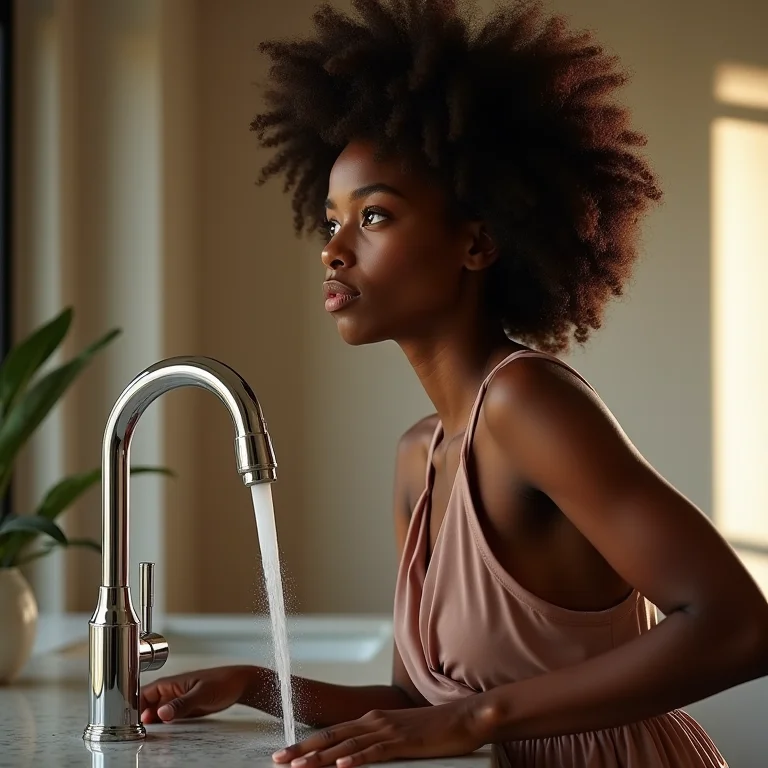 Mulher negra usando torneira gourmet com jato duplo