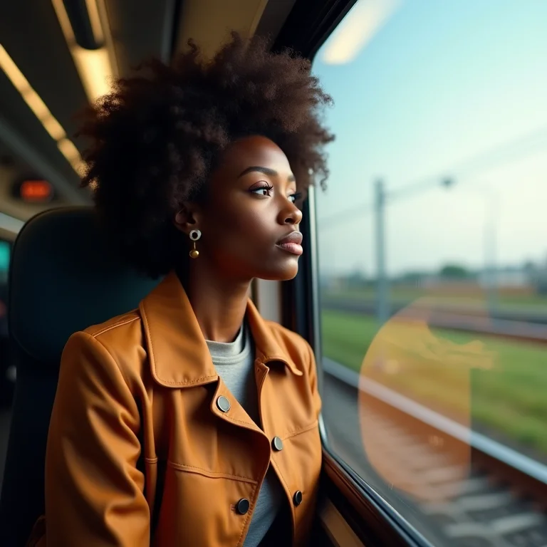 Mulher negra viajando de trem na Itália