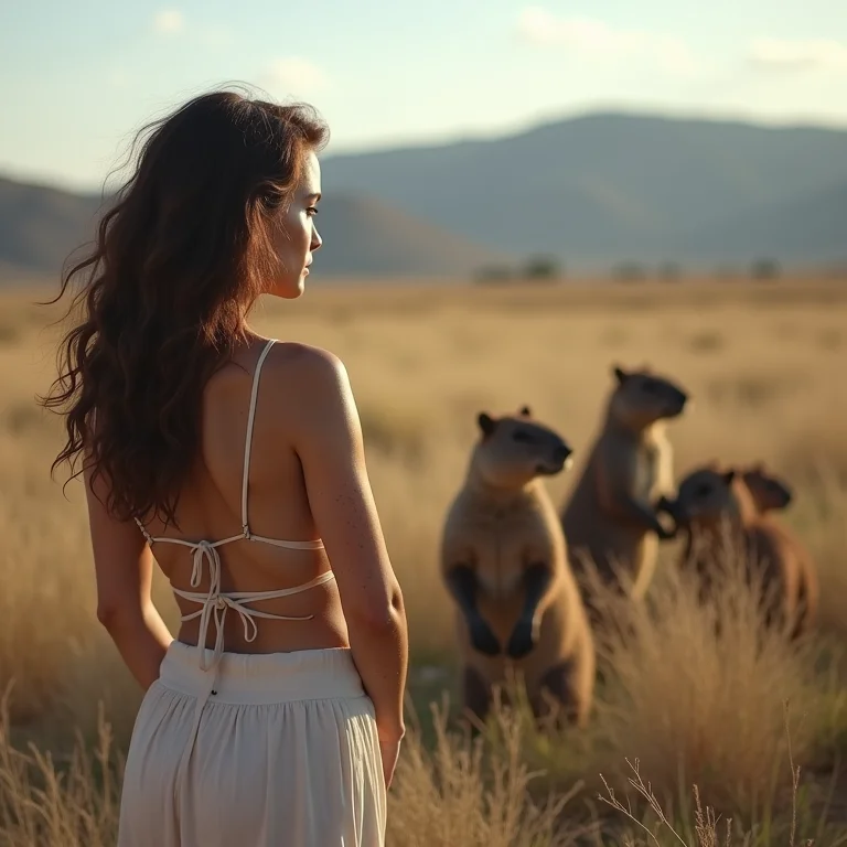 Mulher observando capivaras no Pantanal