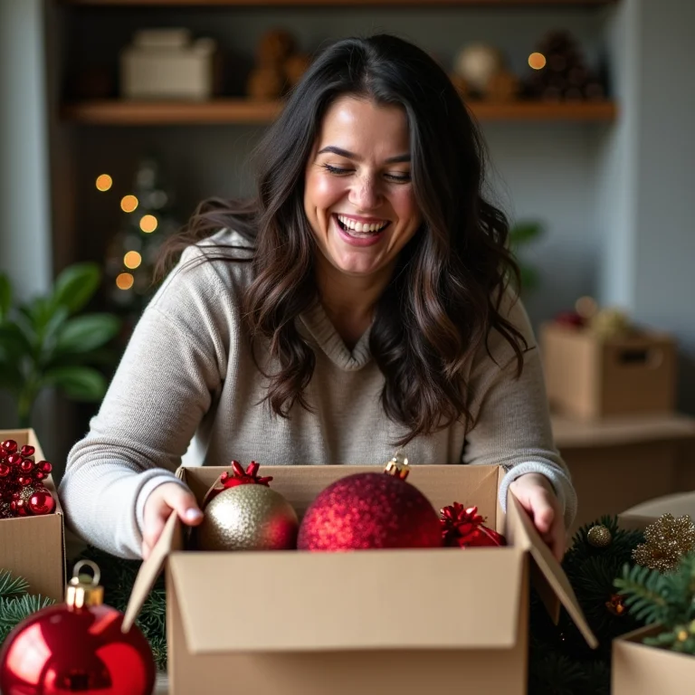 Mulher organizando decorações de Natal temáticas em caixas.