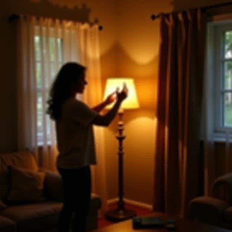 Mulher parda ajustando luminária em sala aconchegante.