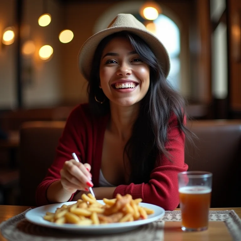 Mulher parda almoçando em restaurante estudantil