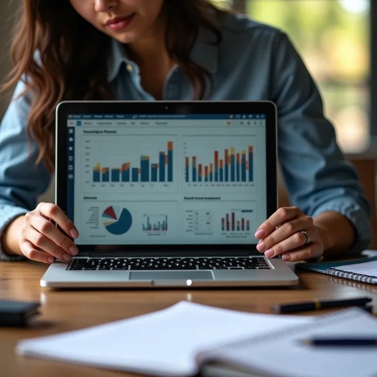 Mulher parda analisando estatísticas do Cartola FC em um laptop.