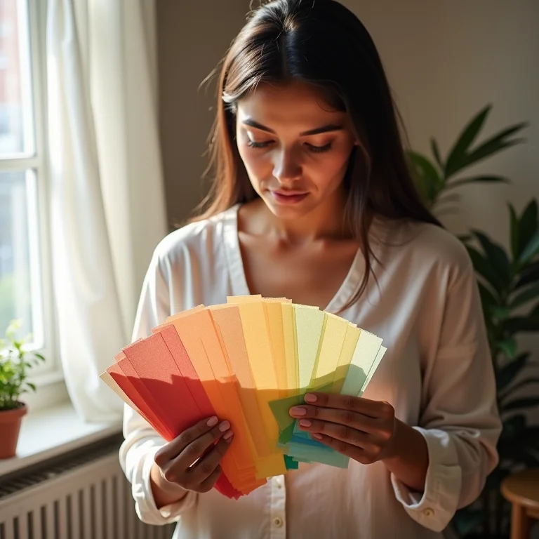 Mulher parda analisando paleta de cores e amostras de tecido.