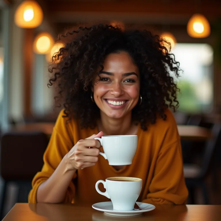 Mulher parda aproveitando o cantinho do café