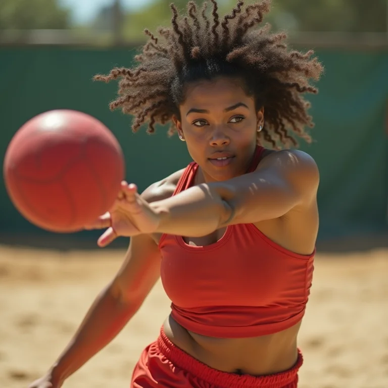 Mulher parda arremessando bola de queimada com precisão.