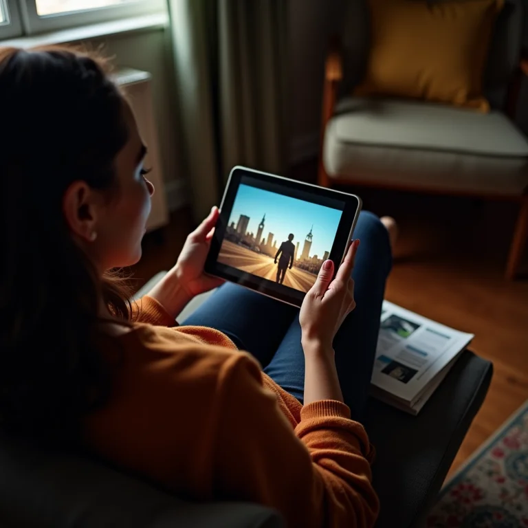 Mulher parda assistindo filme estrangeiro e explorando novas culturas