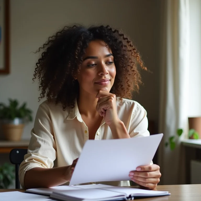Mulher parda concentrada enquanto analisa Recibos de Pagamento (RPA) para comprovar renda como MEI