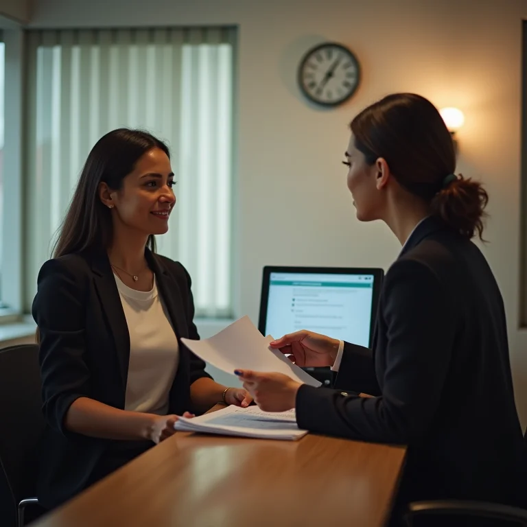 Mulher parda conversando com atendente de banco sobre câmbio.