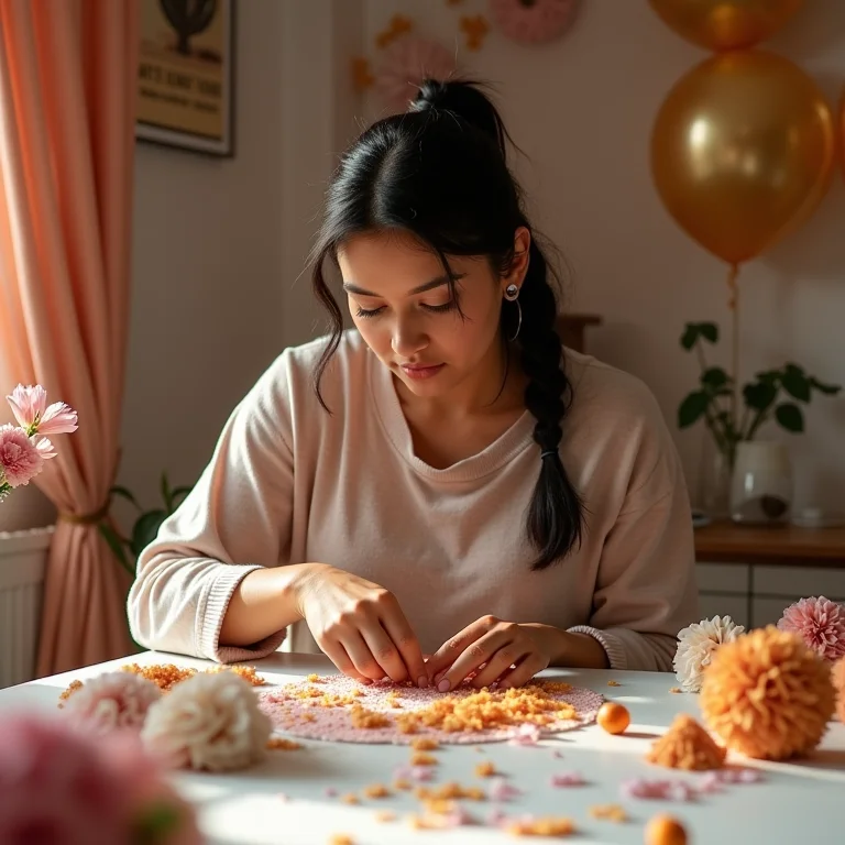 Mulher parda criando decoração DIY para festa infantil