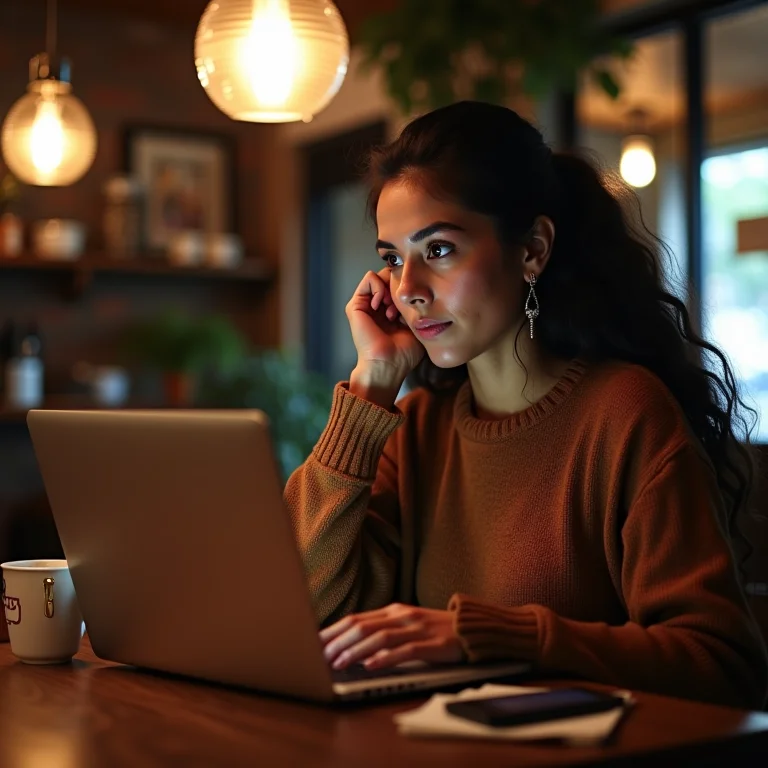 Mulher parda editando fotos em café aconchegante