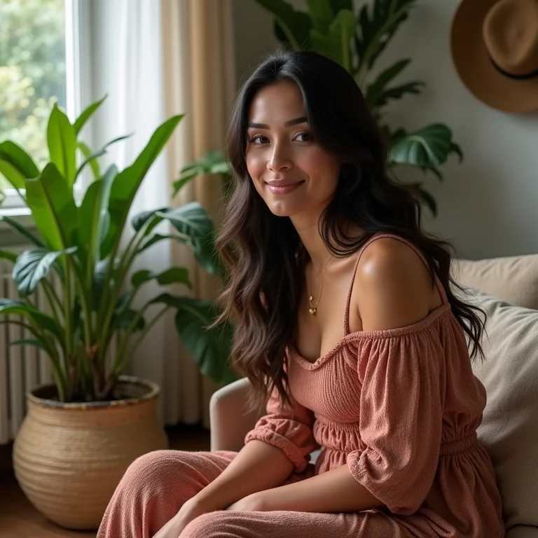 Mulher parda em sala boho-chic com cestos de palha.