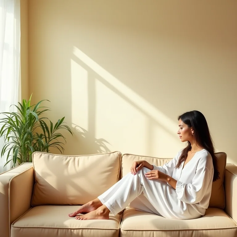 Mulher parda em sofá com parede clara