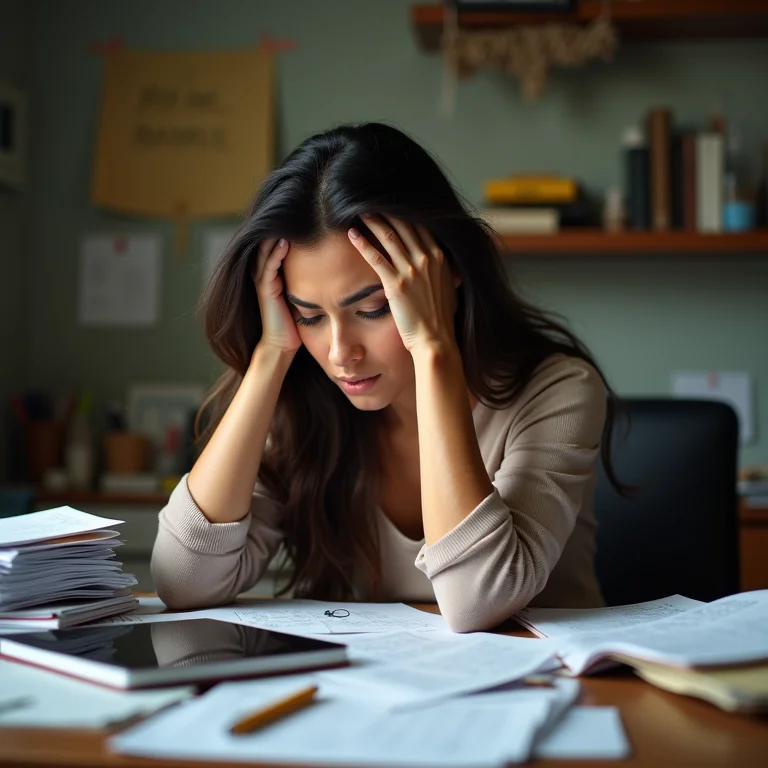 Mulher parda estressada com mesa de trabalho desorganizada