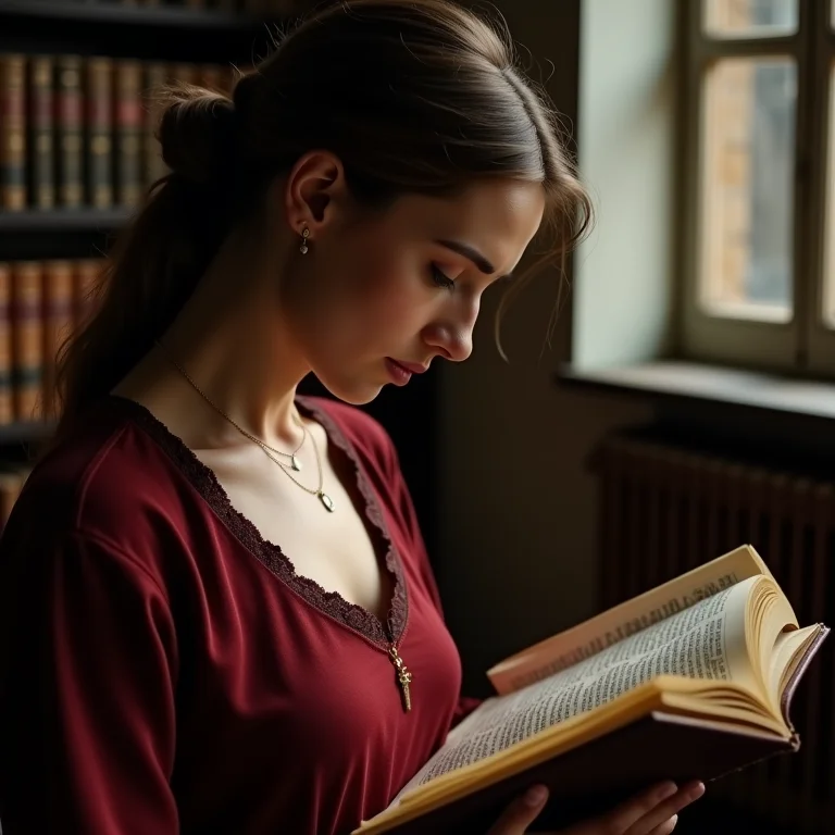 Mulher parda estudando manuscrito medieval.
