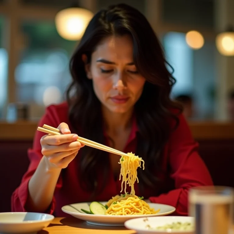 Mulher parda gesticulando sem querer com hashis