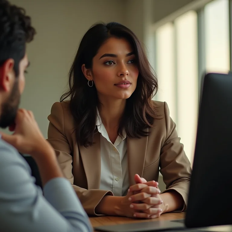 Mulher parda liderando uma reunião de negócios, representando profissionalismo e credibilidade.