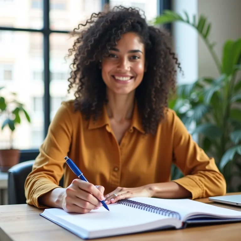 Mulher parda marcando tarefas concluídas em seu planner.