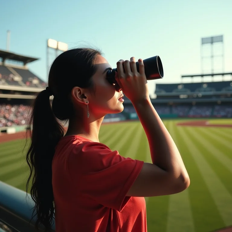 Mulher parda observando um jogo de beisebol com binóculos