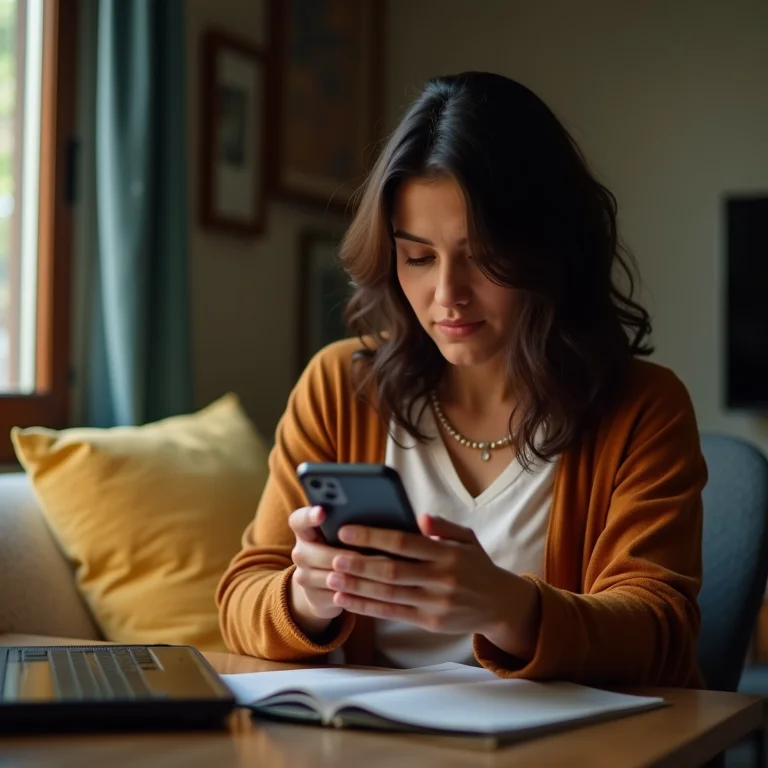 Mulher parda organizando contatos no WhatsApp