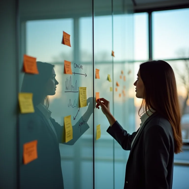 Mulher parda planejando estratégias para maximizar dividendos com post-its e gráficos.