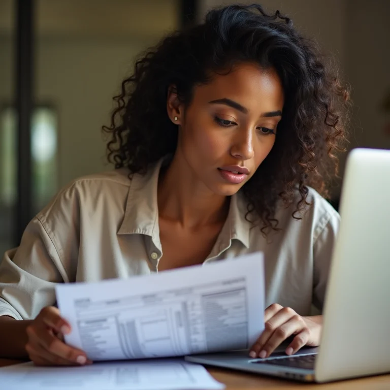 Mulher parda preenchendo a declaração do Imposto de Renda no laptop