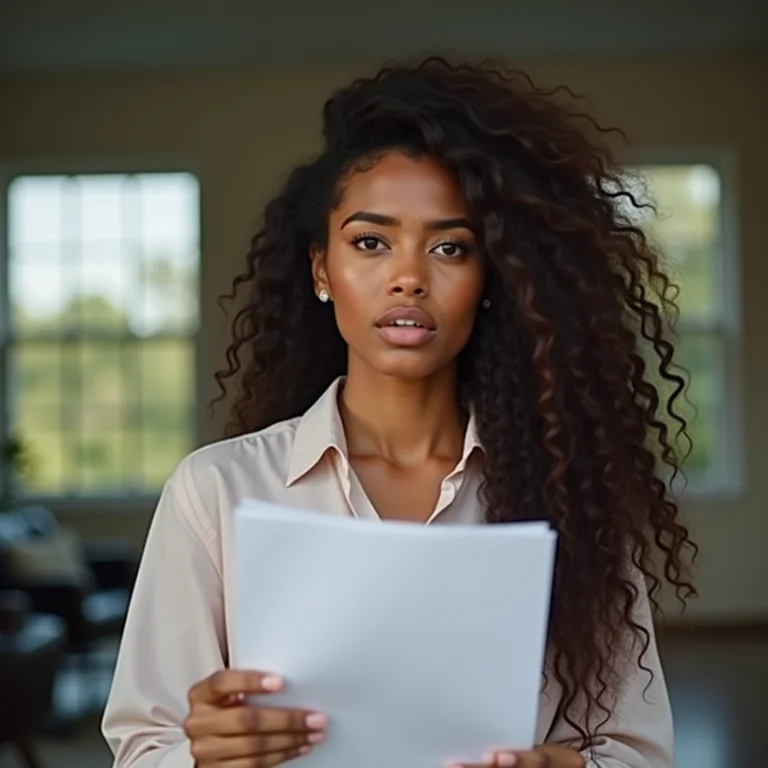 Mulher parda preocupada com contrato de factoring e desconto de cheques.
