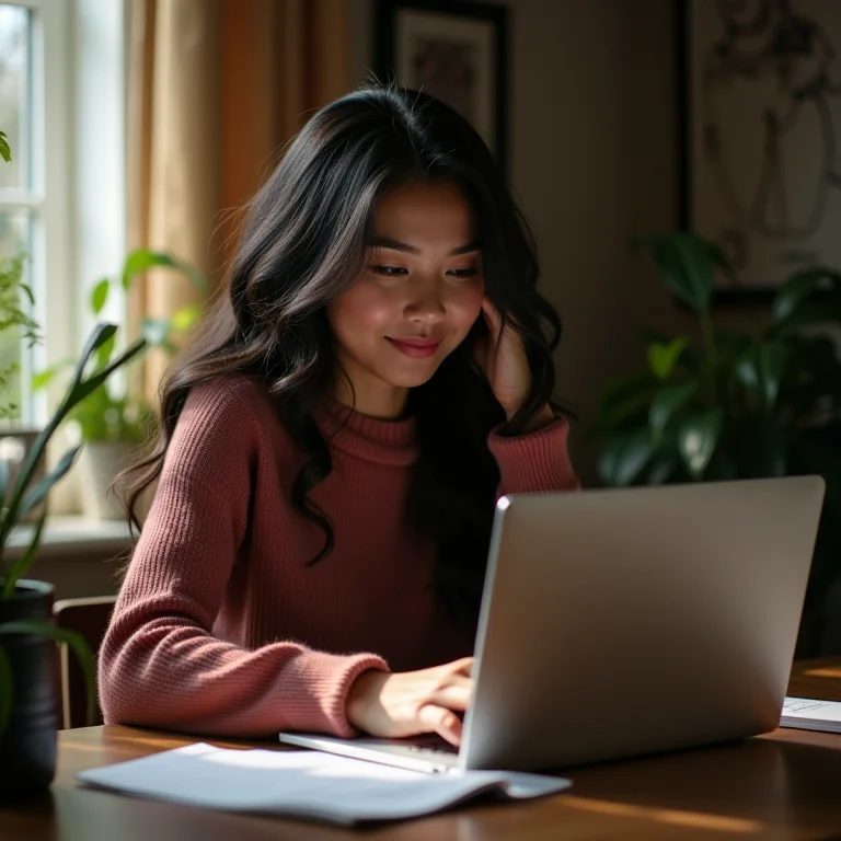 Mulher parda respondendo mensagens de clientes sobre roupas usadas.