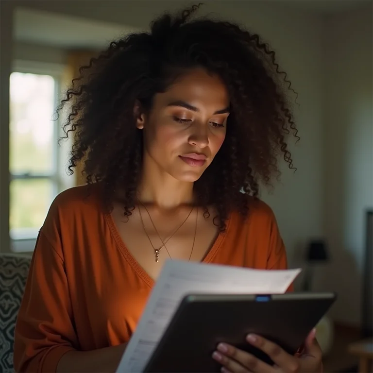 Mulher parda revisando texto em tablet