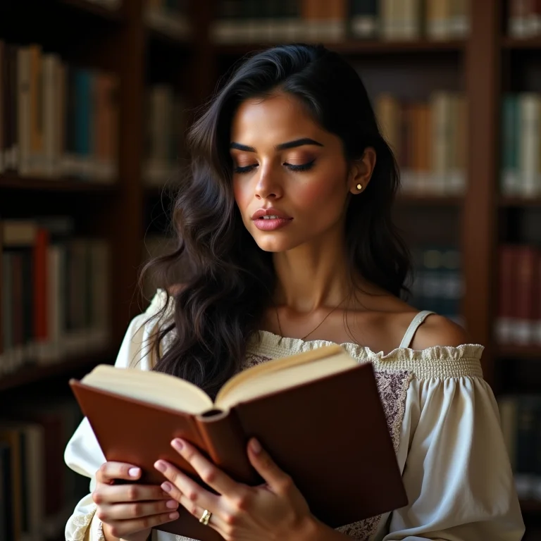 Mulher parda segurando o livro 'Vestido de Noiva' em uma biblioteca.