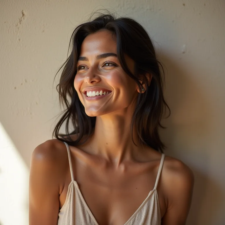 Mulher parda sorrindo em frente a parede com textura minimalista