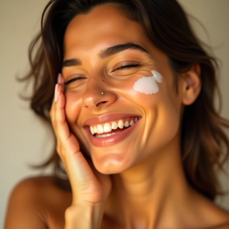 Mulher parda sorrindo enquanto aplica protetor solar facial.