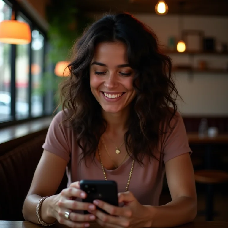 Mulher parda sorrindo enquanto faz curso da Rock Content University.
