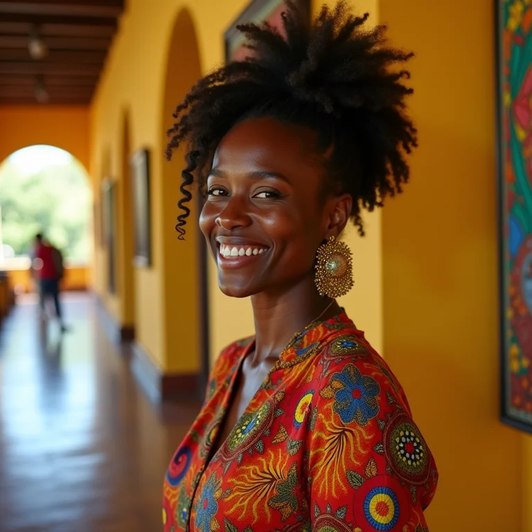 Mulher parda sorrindo no Museu Afro Brasil.