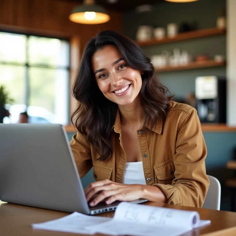 Mulher parda trabalhando em cafeteria, cercada de recibos