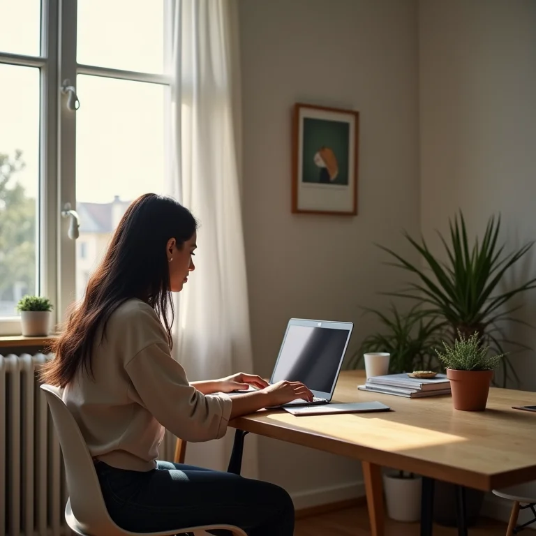 Mulher parda trabalhando em um laptop em um escritório em casa.