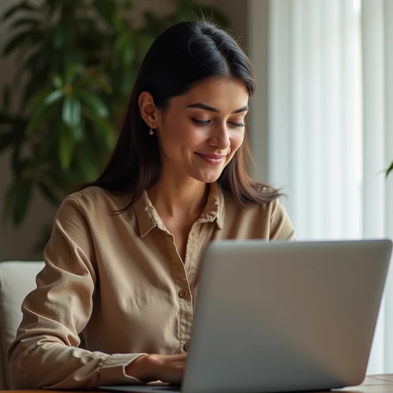Mulher parda usando software de tradução com confiança