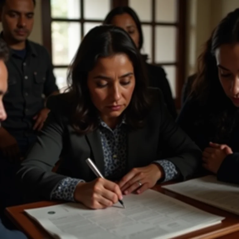 Mulher Parda/Latina assinando um documento, defendendo a abolição.