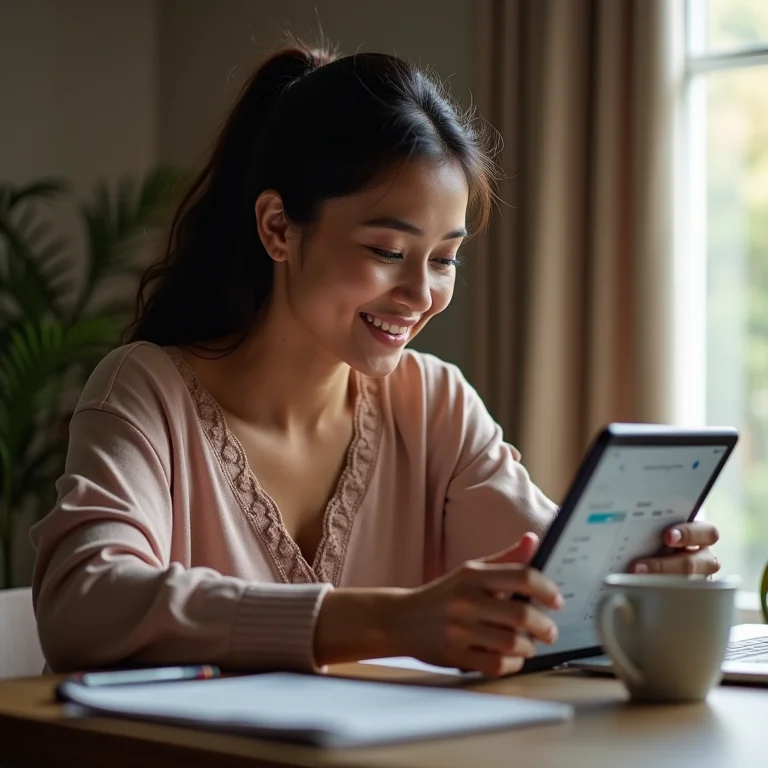 Mulher parda/latina explorando app Insight Timer no tablet