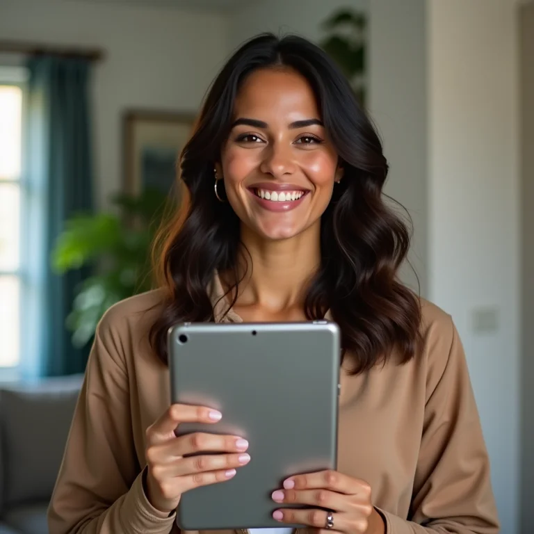 Mulher parda/latina feliz segurando um tablet usado comprado no site UsadosBR.