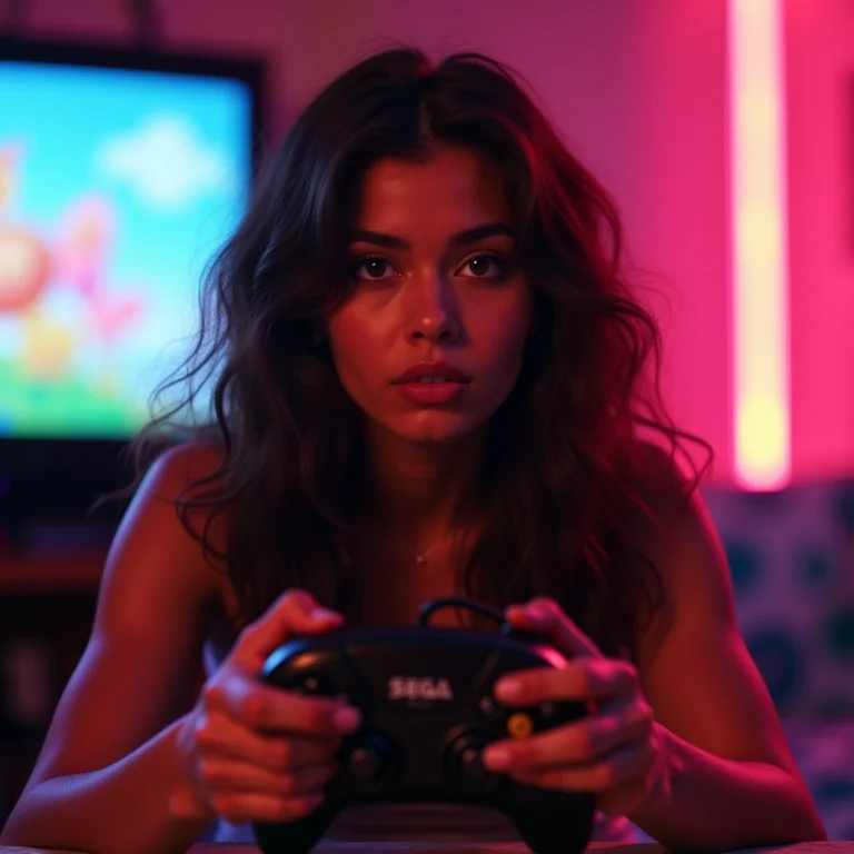 Mulher parda/latina jogando Sega Genesis.
