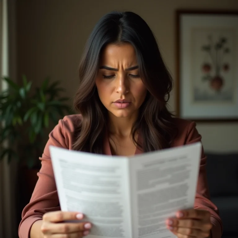 Mulher parda/latina lendo documentos legais com preocupação.