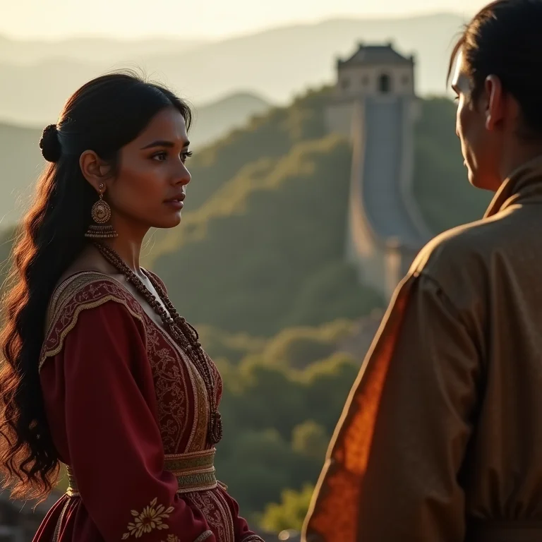 Mulher parda/latina ouvindo histórias e lendas da Muralha da China