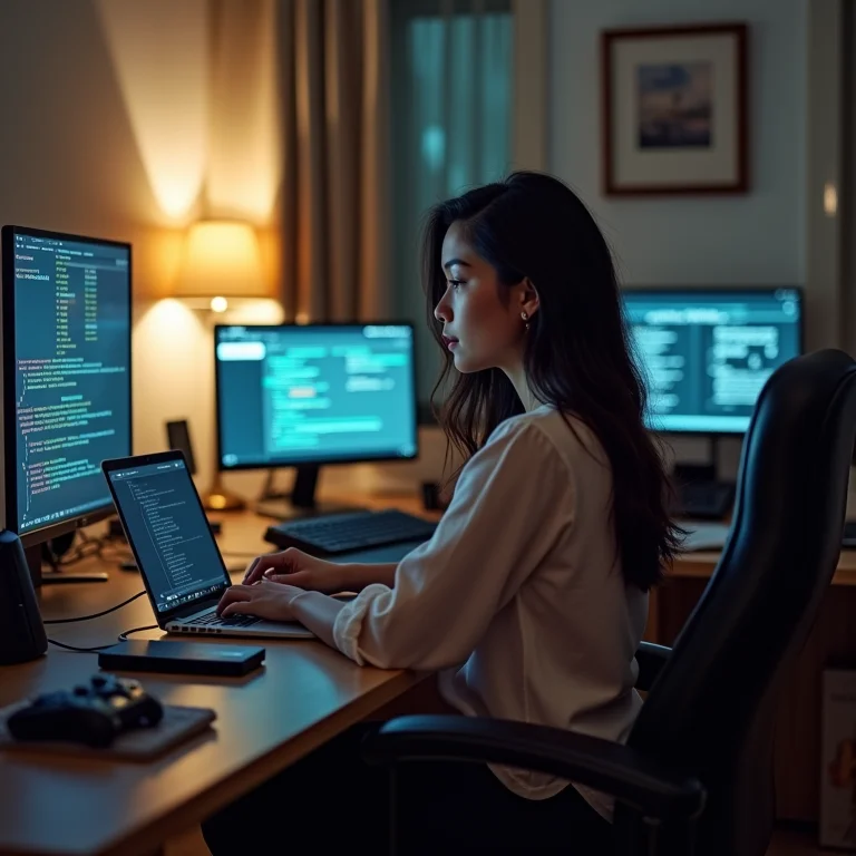 Mulher parda/latina usando diversos aparelhos conectados à internet.